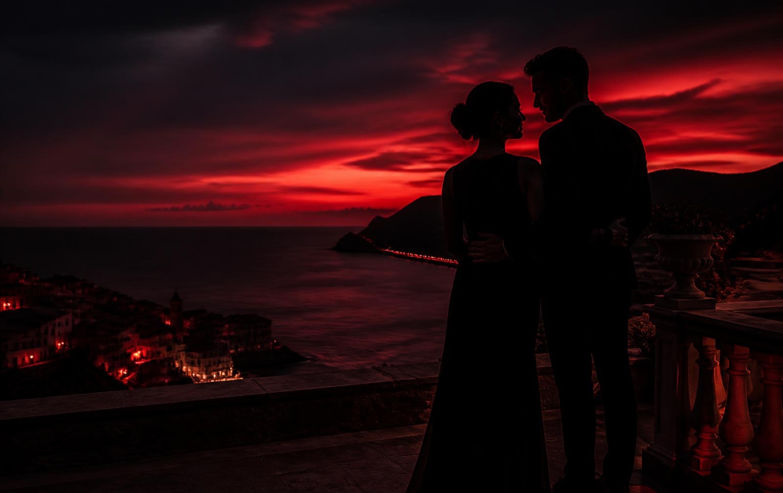 Couple in evening attire close together on a Mediterranean terrace at red dusk
